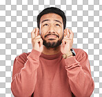 Wish, fingers crossed and praying with man for good luck, anxiety and isolated on transparent png background. Nervous, worry and asian male person thinking of belief, emoji and hope for winning 