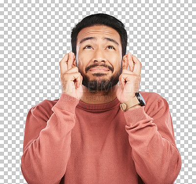 Buy stock photo Wish, fingers crossed and praying with man for good luck, anxiety and isolated on transparent png background. Nervous, worry and asian male person thinking of belief, emoji and hope for winning 