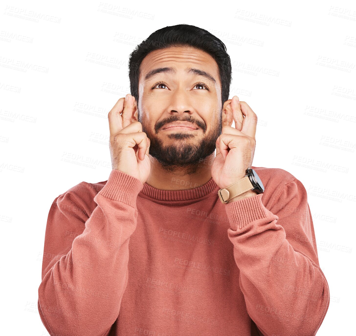 Buy stock photo Wish, fingers crossed and praying with man for good luck, anxiety and isolated on transparent png background. Nervous, worry and asian male person thinking of belief, emoji and hope for winning 