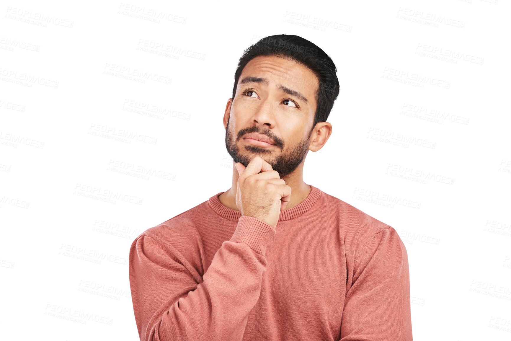 Buy stock photo Thinking, planning and young man with brainstorming, solution or memory for thoughts. Emoji, question and male model with decision or choice face expression isolated by transparent png background.