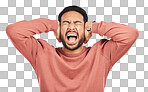 Anger, stress and noise with man and shouting on png for headache, burnout or crazy. Angry, mental health and sound with person screaming isolated on transparent background for anxiety and frustrated