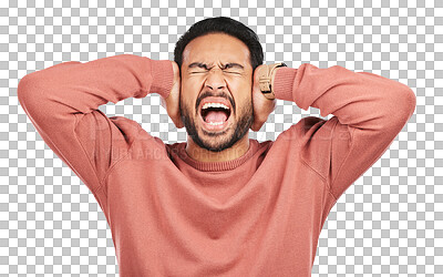 Anger, stress and noise with man and shouting on png for headache, burnout or crazy. Angry, mental health and sound with person screaming isolated on transparent background for anxiety and frustrated
