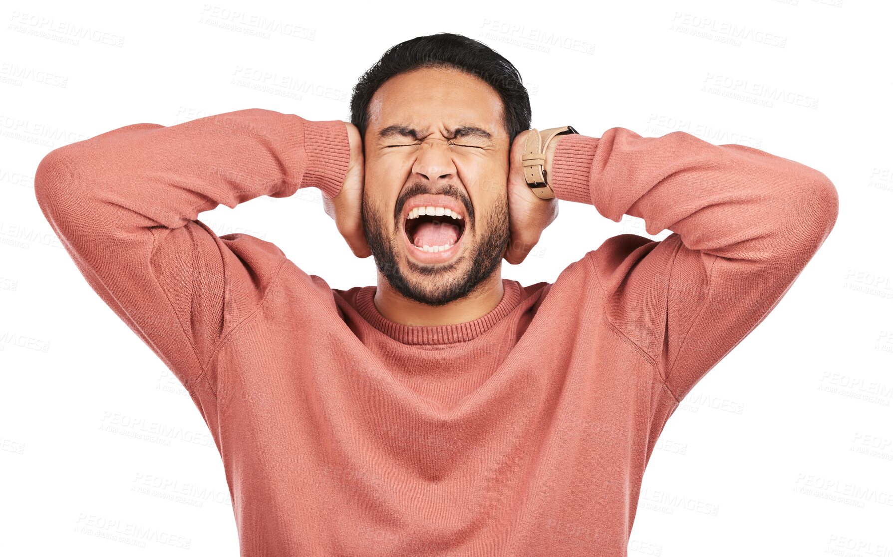 Buy stock photo Anger, stress and noise with man and shouting on png for headache, burnout or crazy. Angry, mental health and sound with person screaming isolated on transparent background for anxiety and frustrated