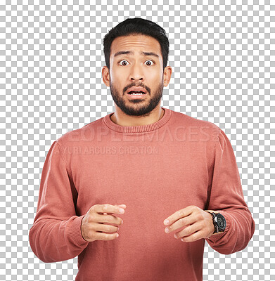 Buy stock photo Scared, horror and portrait of a young man with a shock, omg or wtf facial expression or gesture. Surprise, terror and male model with panic for scary news isolated by transparent png background.