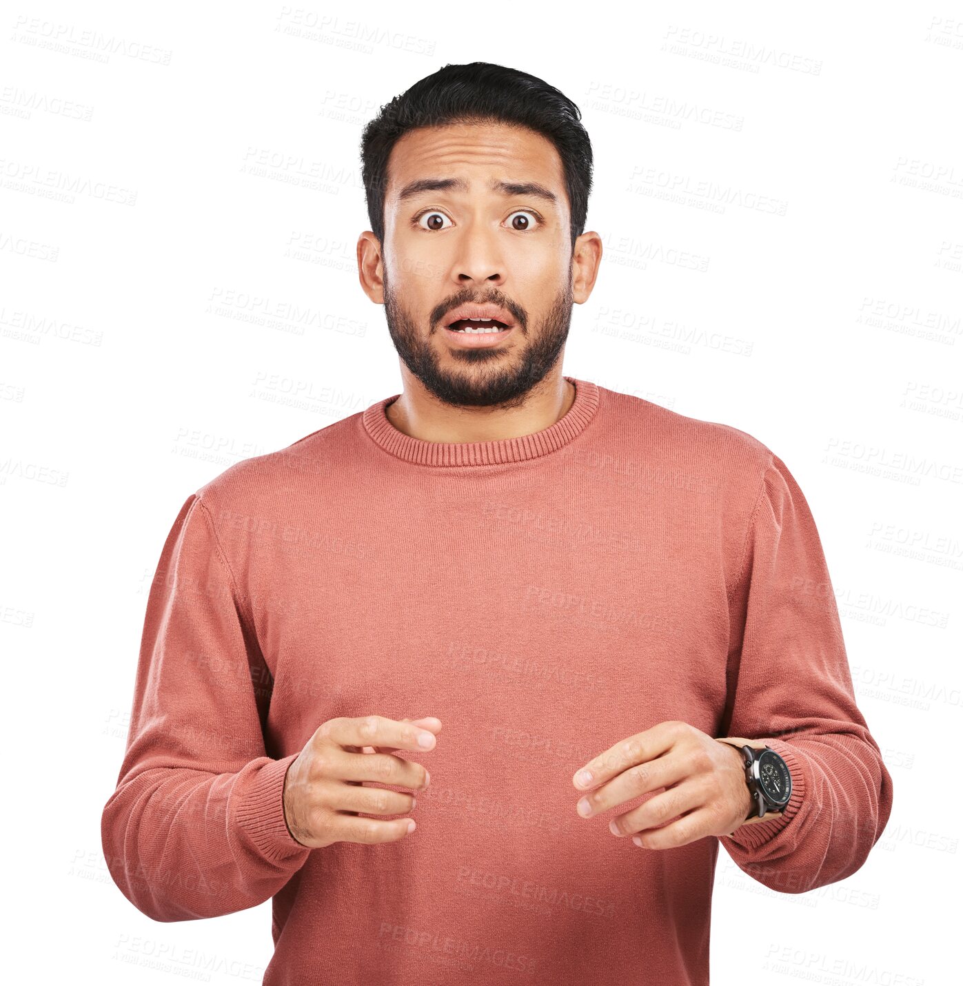 Buy stock photo Scared, horror and portrait of a young man with a shock, omg or wtf facial expression or gesture. Surprise, terror and male model with panic for scary news isolated by transparent png background.