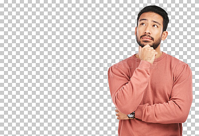 Buy stock photo Thinking, face and asian man with decision on isolated, transparent and png background. Why, questions and male person with doubt emoji for choice, consider or confused by solution or problem solving