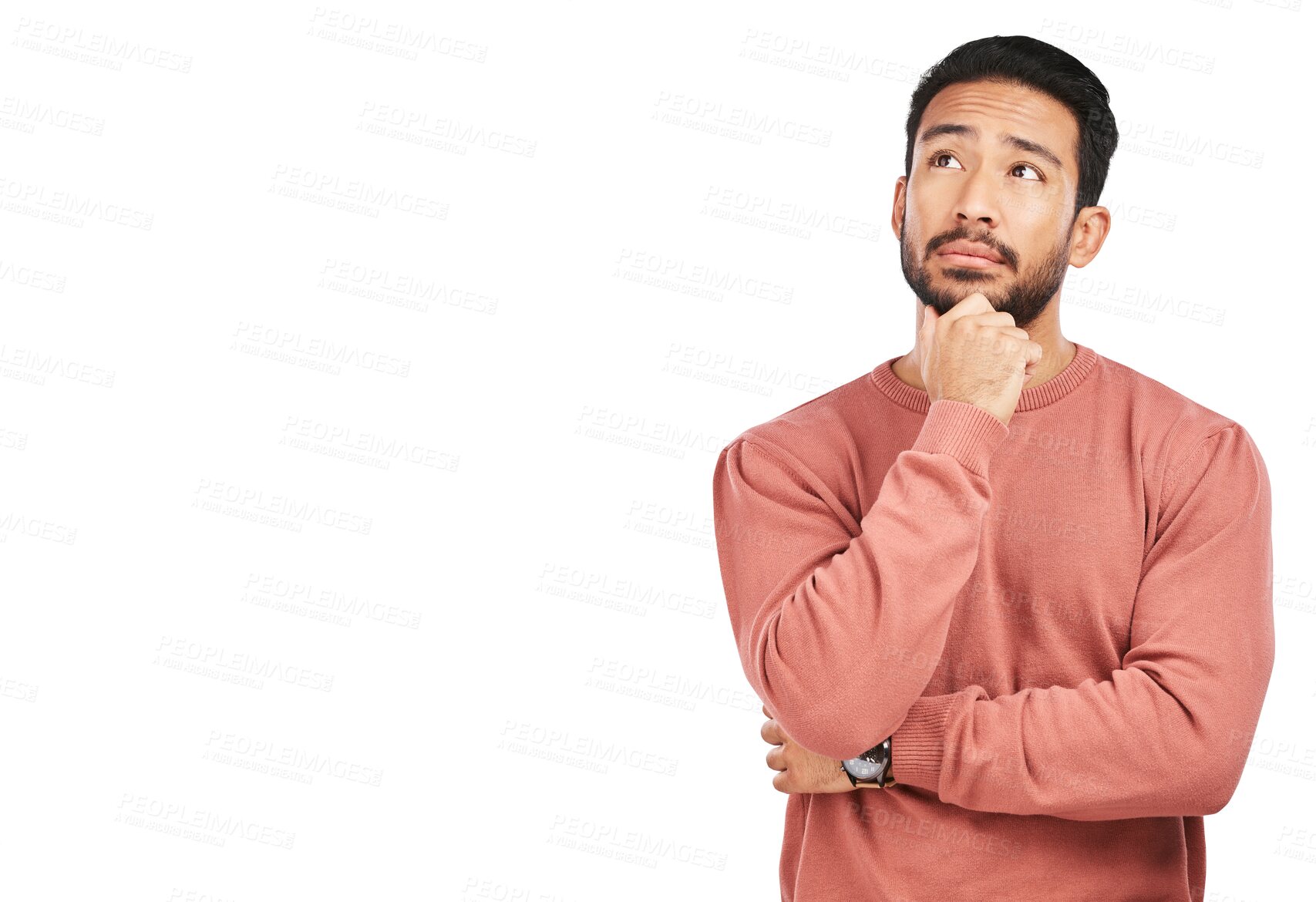 Buy stock photo Thinking, face and asian man with decision on isolated, transparent and png background. Why, questions and male person with doubt emoji for choice, consider or confused by solution or problem solving