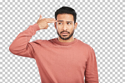 Buy stock photo Finger gun, stress and asian man with problem, annoyed expression and isolated on a transparent png background. Face of frustrated young male person with angry hand gesture or emoji sign to forehead