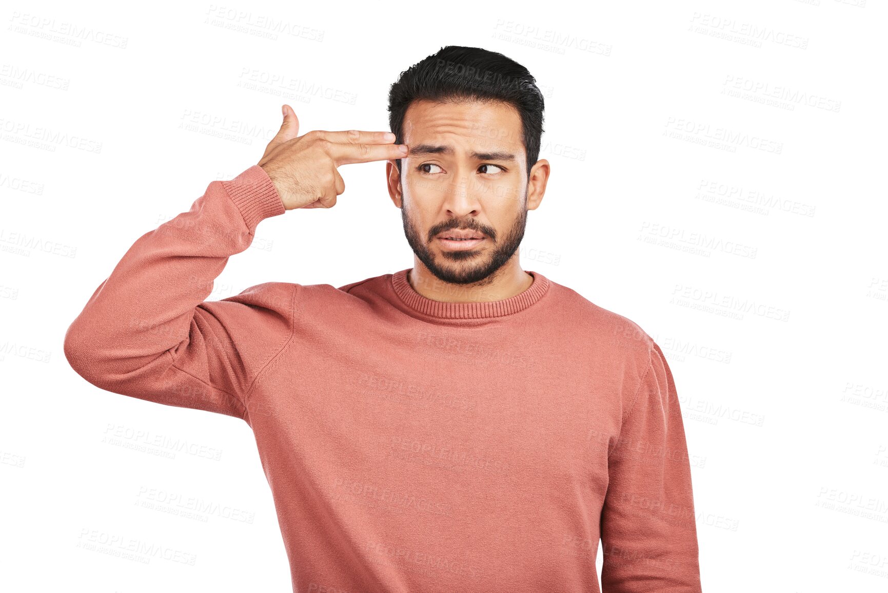 Buy stock photo Finger gun, stress and asian man with problem, annoyed expression and isolated on a transparent png background. Face of frustrated young male person with angry hand gesture or emoji sign to forehead