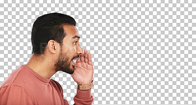 Buy stock photo Secret, whisper and asian man with news info on isolated, transparent or png background. Confidential, announcement and male person with hand emoji for promo, deal or coming soon gossip or deal drama