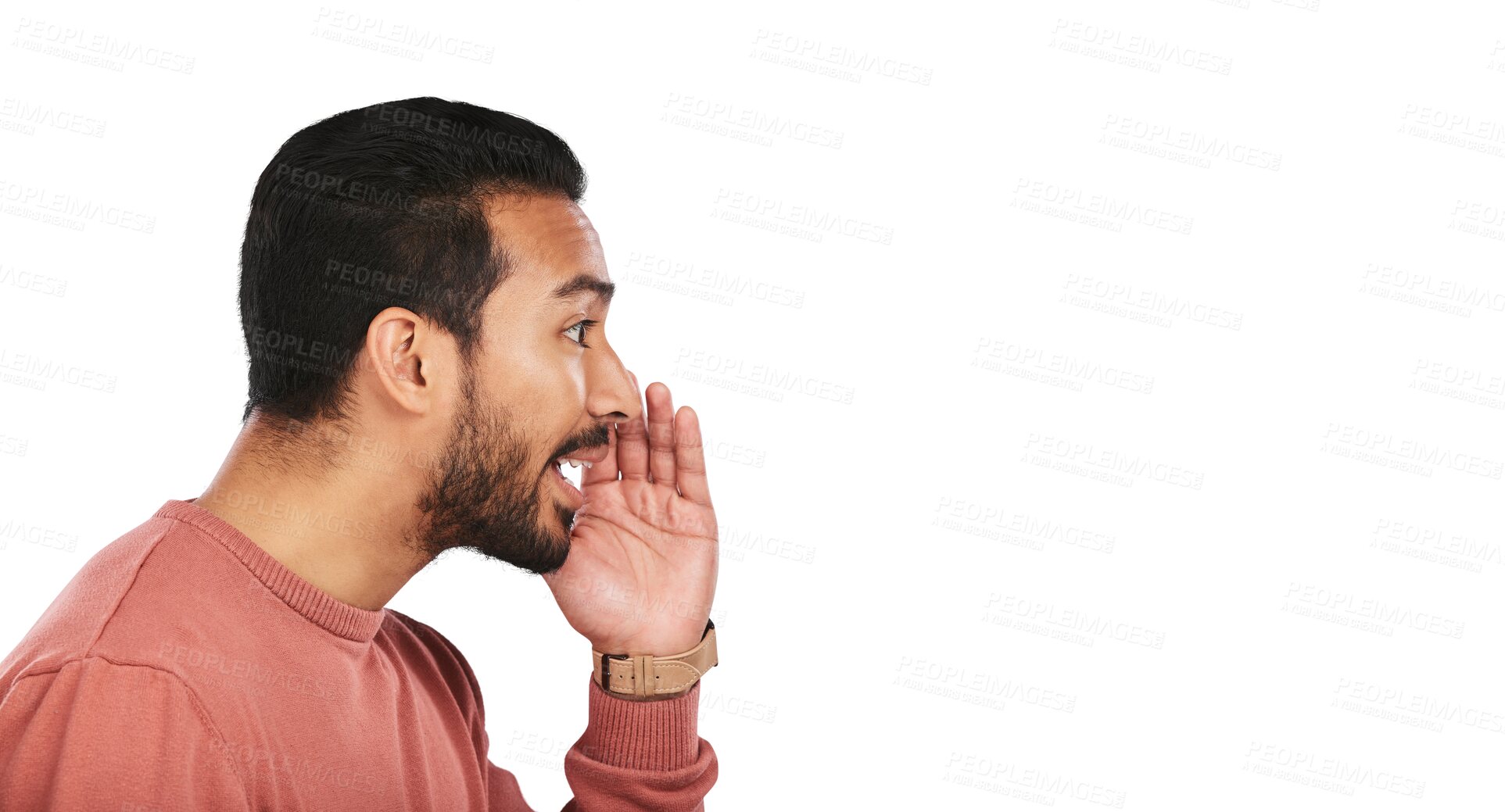 Buy stock photo Secret, whisper and asian man with news info on isolated, transparent or png background. Confidential, announcement and male person with hand emoji for promo, deal or coming soon gossip or deal drama