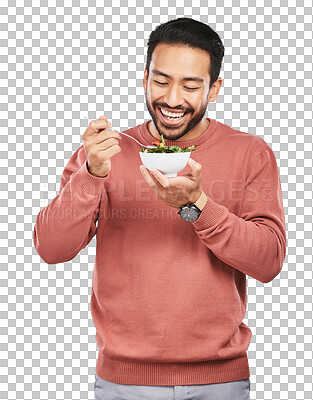 Man is eating salad, healthy food and lose weight with nutrition