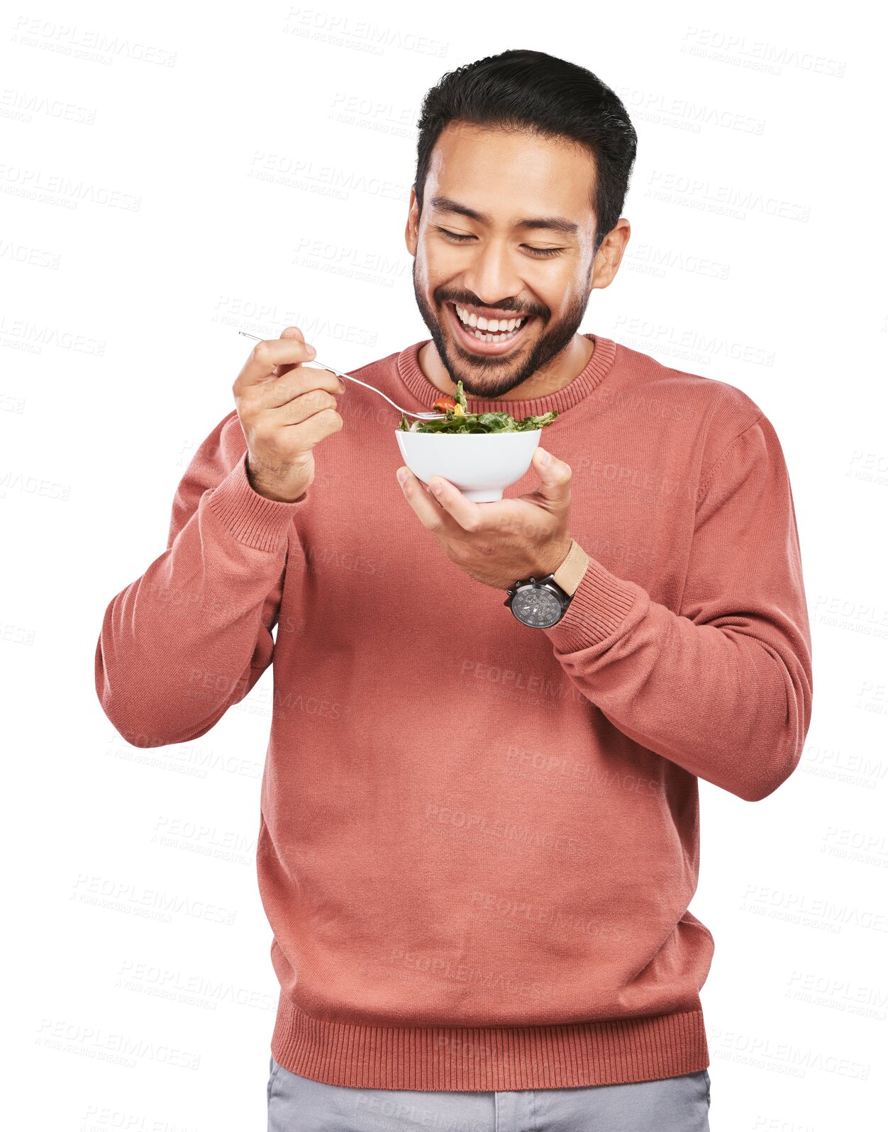 Buy stock photo Wellness, eating salad and man with food bowl on isolated, png and transparent background for health. Vegan diet, lose weight and happy male person with vegetables for nutrition, detox and vitamins