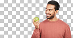 Man, apple and nutrition with health and diet, mockup space and