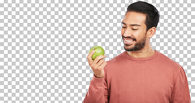 Buy stock photo Diet, apple and man with fruit for health on isolated, png and transparent background for wellness. Vegan, lose weight and happy asian person eating healthy food for nutrition, detox and vitamins