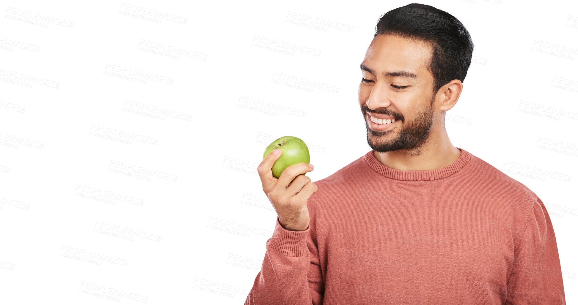 Buy stock photo Diet, apple and man with fruit for health on isolated, png and transparent background for wellness. Vegan, lose weight and happy asian person eating healthy food for nutrition, detox and vitamins