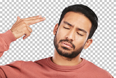 Depression, face and asian man with hand gun on isolated, transparent and png background. Anxiety, fail and male person with mental health trauma, mistake or crisis with suicide, death or ptsd stress