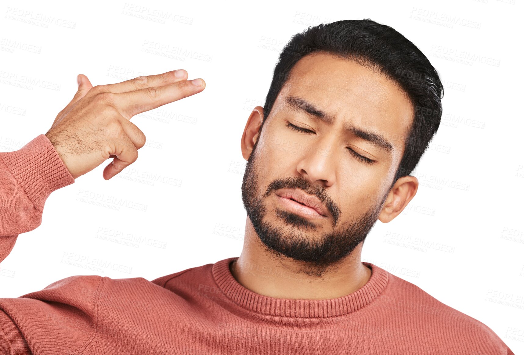 Buy stock photo Depression, face and asian man with hand gun on isolated, transparent and png background. Anxiety, fail and male person with mental health trauma, mistake or crisis with suicide, death or ptsd stress