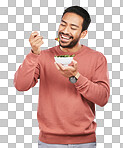 Health, salad and man with food for diet on isolated, png and transparent background for wellness. Digestion, lose weight and happy male person eating vegetables for nutrition, detox and vitamins