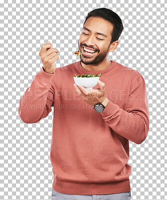 Health, salad and man with food for diet on isolated, png and transparent background for wellness. Digestion, lose weight and happy male person eating vegetables for nutrition, detox and vitamins