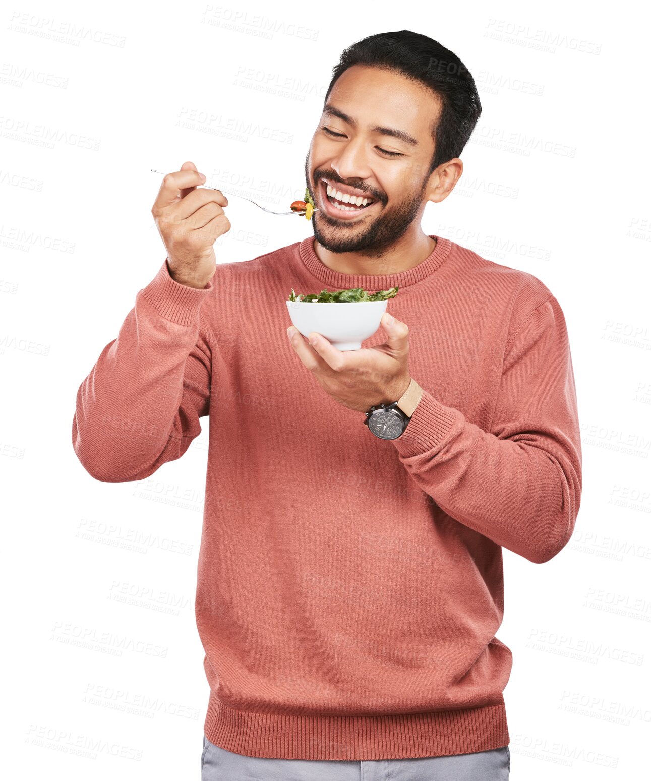 Buy stock photo Health, salad and man with food for diet on isolated, png and transparent background for wellness. Digestion, lose weight and happy male person eating vegetables for nutrition, detox and vitamins