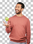 Happy, apple and man with fruit for health on isolated, png and transparent background for wellness. Vegan diet, lose weight and male person with organic snack for nutrition, detox and vitamins