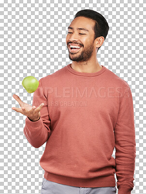 Buy stock photo Happy, apple and man with fruit for health on isolated, png and transparent background for wellness. Vegan diet, lose weight and male person with organic snack for nutrition, detox and vitamins