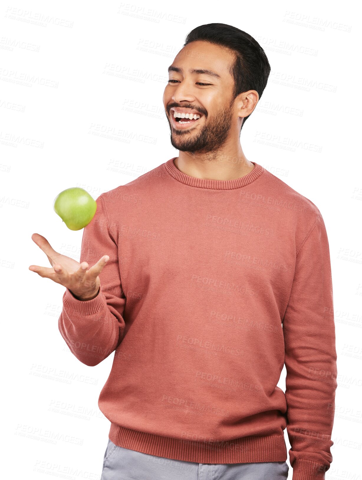 Buy stock photo Happy, apple and man with fruit for health on isolated, png and transparent background for wellness. Vegan diet, lose weight and male person with organic snack for nutrition, detox and vitamins