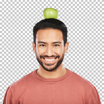 Buy stock photo Balance, health and portrait of man with apple on head on isolated, png and transparent background for wellness. Vegan, diet and happy Asian person with fruit snack for nutrition, detox and vitamins