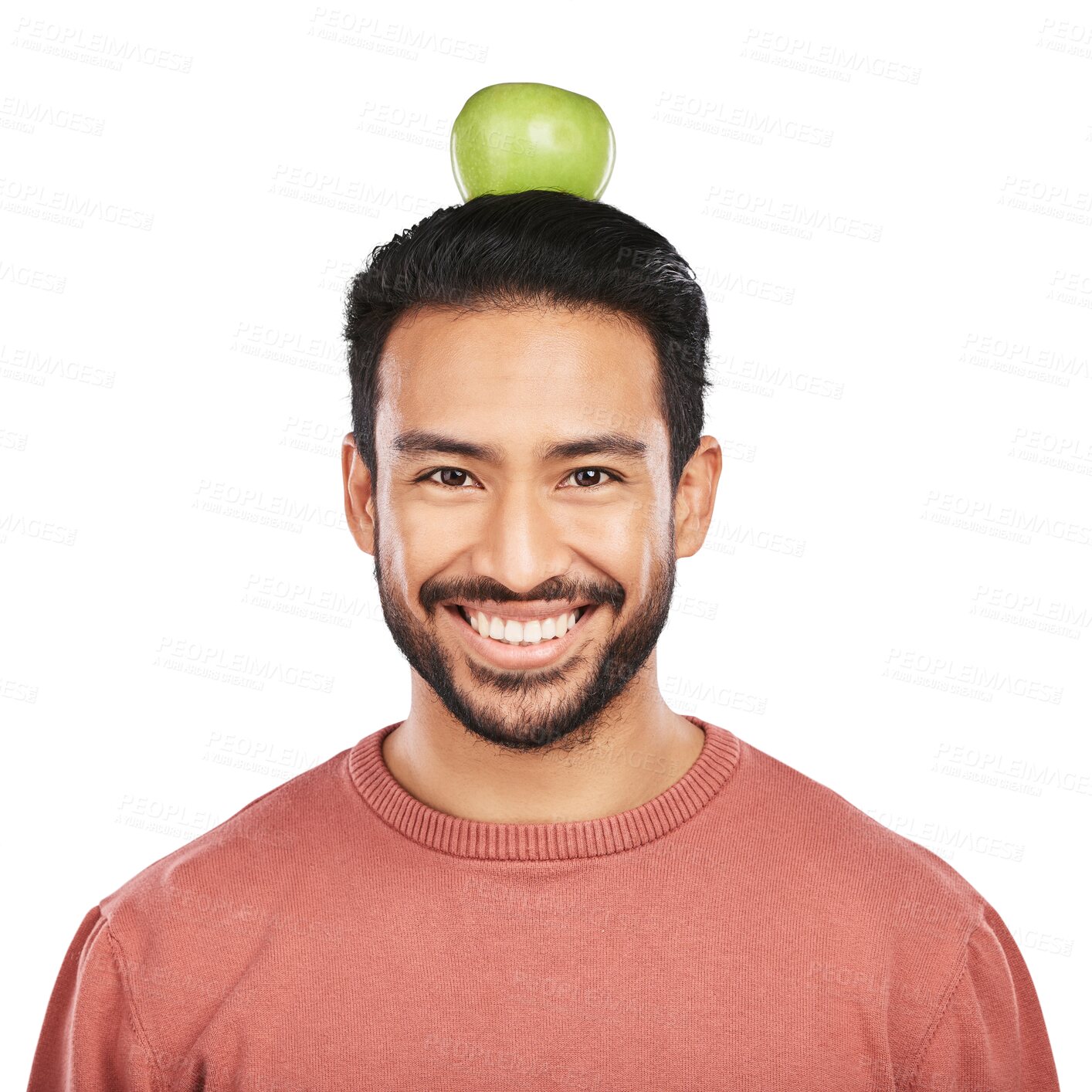 Buy stock photo Balance, health and portrait of man with apple on head on isolated, png and transparent background for wellness. Vegan, diet and happy Asian person with fruit snack for nutrition, detox and vitamins