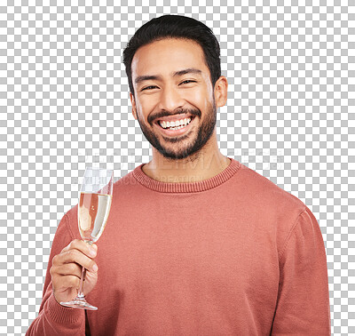 Portrait of happy man, champagne in glass and isolated on transparent png background for celebration of success. Party, smile and person with drink for toast, cheers or to celebrate win with alcohol.
