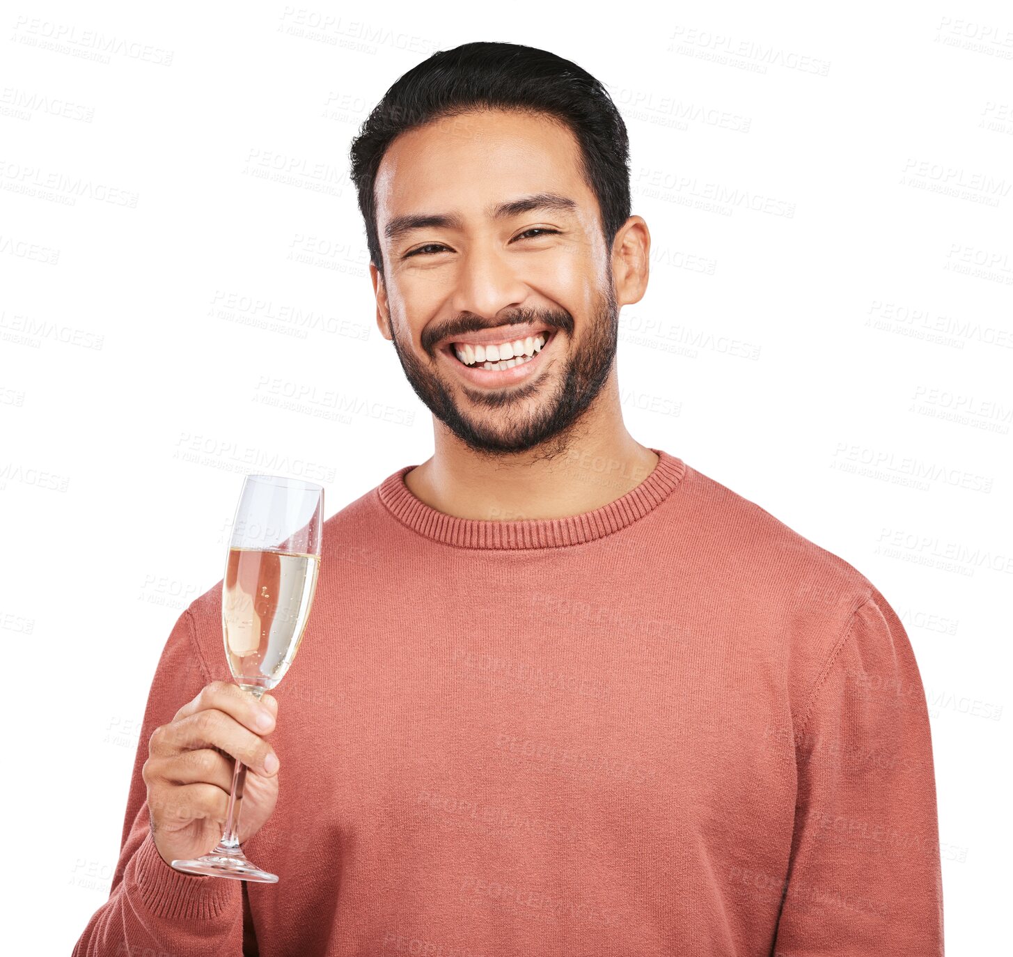 Buy stock photo Portrait of happy man, champagne in glass and isolated on transparent png background for celebration of success. Party, smile and person with drink for toast, cheers or to celebrate win with alcohol.