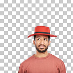 Hat, fashion and confused with face of man on png for thinking, style and crazy. Funny, doubt and question with person and accessory isolated on transparent background for contemplating and choice