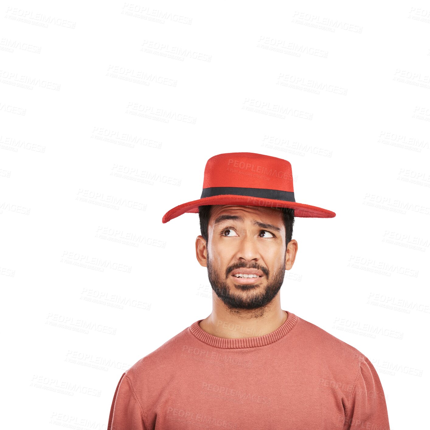 Buy stock photo Hat, fashion and confused with face of man on png for thinking, style and crazy. Funny, doubt and question with person and accessory isolated on transparent background for contemplating and choice