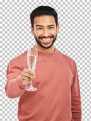 Man with smile in portrait, Champagne and cheers with celebratio