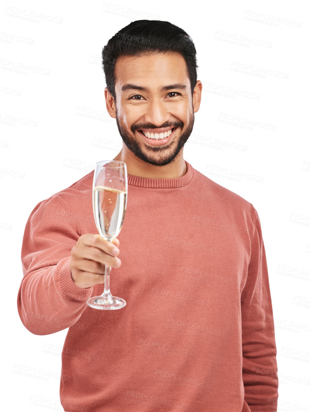 Buy stock photo Portrait of man, champagne toast and smile isolated on transparent png background for celebration of success. Party, event and happy person with drink in glass to cheers, celebrate win with alcohol.