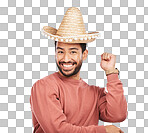 Happy dance, portrait and Mexican man excited for fun Latin music, salsa or samba festival party. Dancer, sombrero hat and face of male person smile for tango isolated on transparent, png background