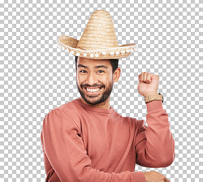 Buy stock photo Happy dance, portrait and Mexican man excited for fun Latin music, salsa or samba festival party. Dancer, sombrero hat and face of male person smile for tango isolated on transparent, png background