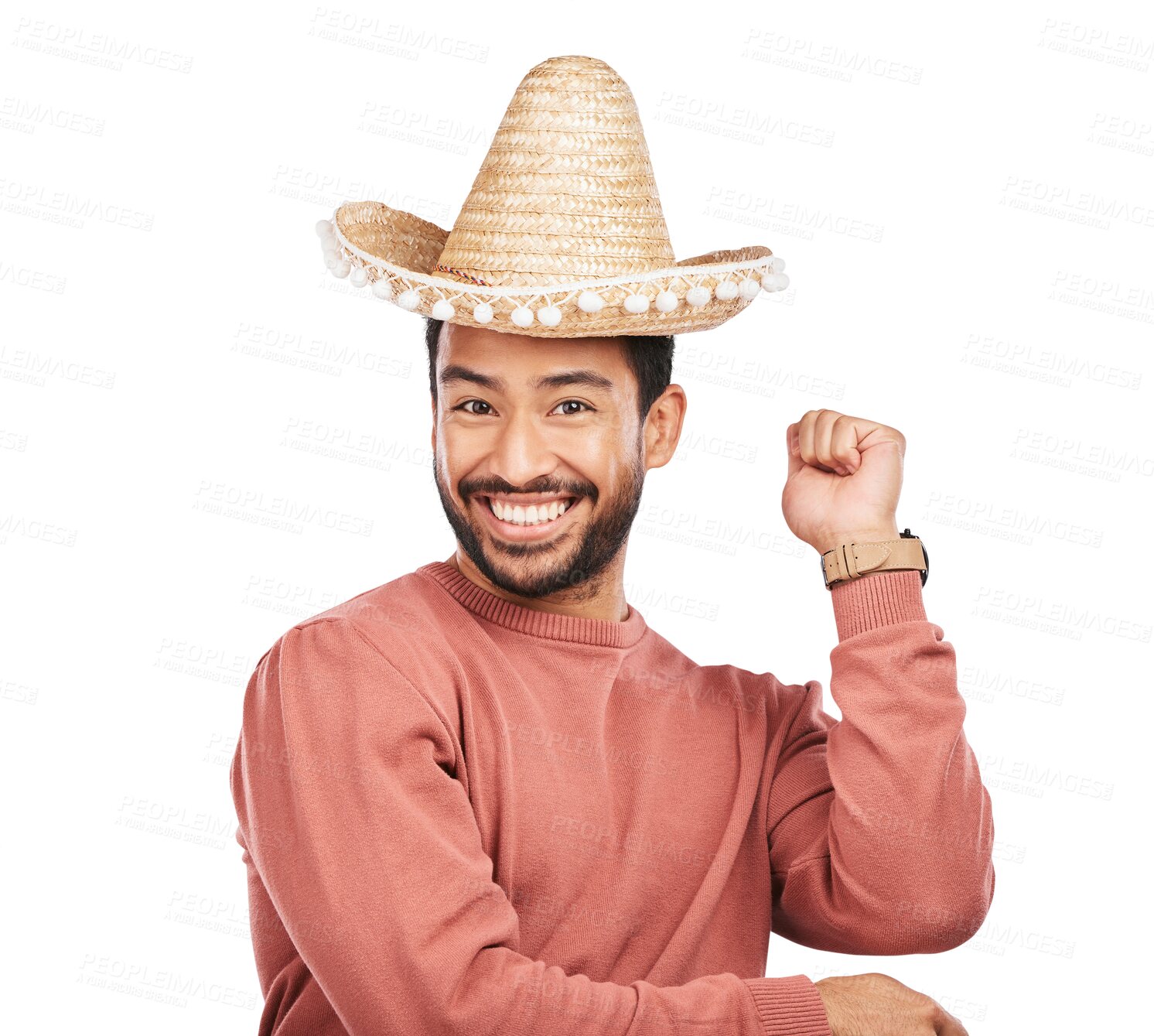 Buy stock photo Happy dance, portrait and Mexican man excited for fun Latin music, salsa or samba festival party. Dancer, sombrero hat and face of male person smile for tango isolated on transparent, png background