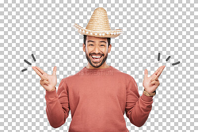 Celebration, portrait and man with sombrero and smile, costume party isolated on transparent png background. Festival, event or carnival in Mexico, excited person with hat and happiness with culture.