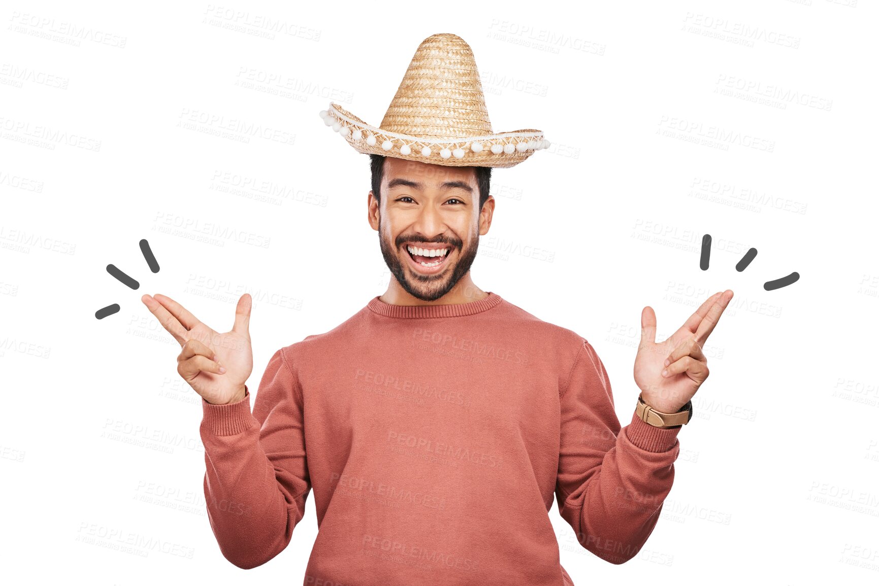 Buy stock photo Celebration, portrait and man with sombrero and smile, costume party isolated on transparent png background. Festival, event or carnival in Mexico, excited person with hat and happiness with culture.