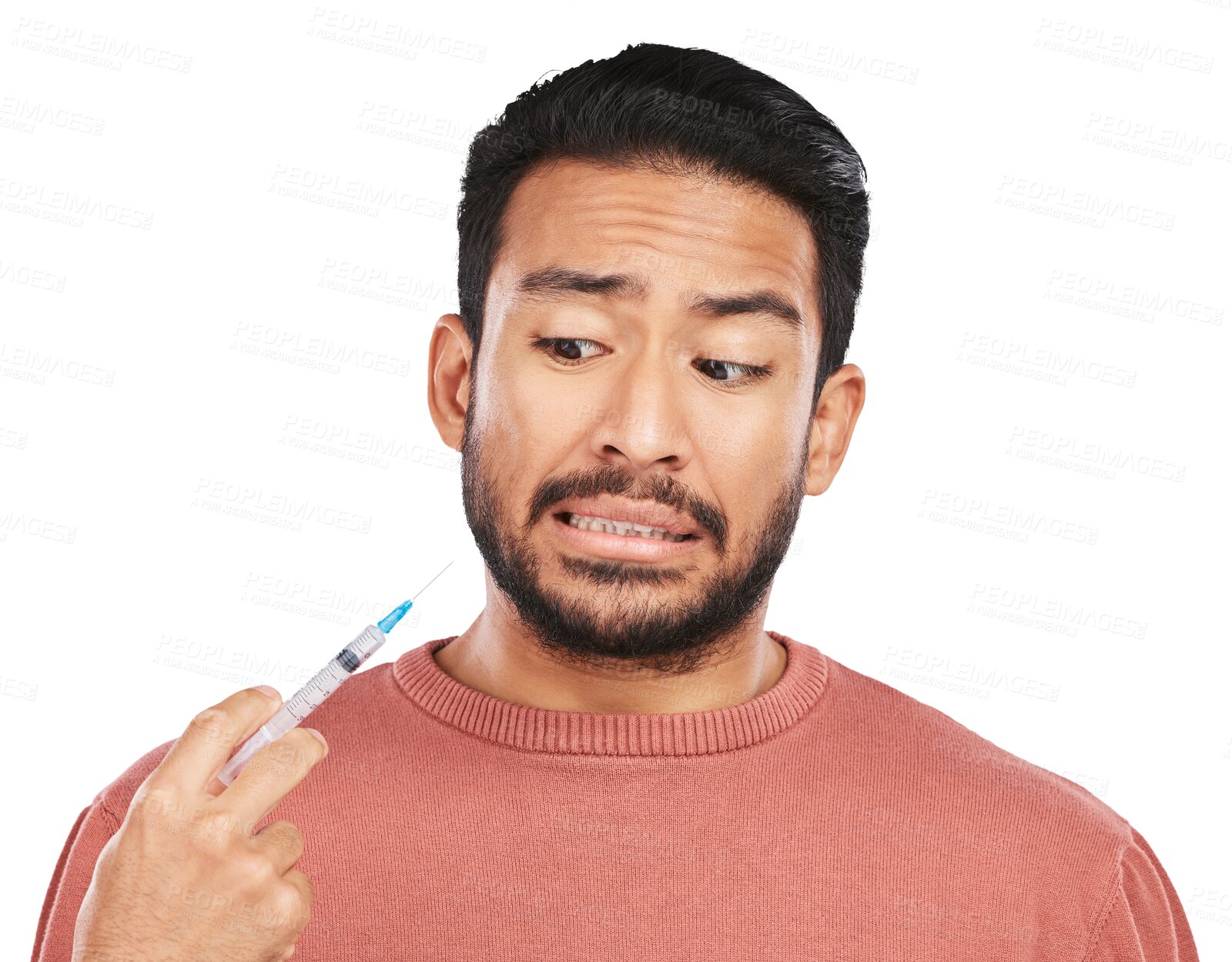 Buy stock photo Scared, medicine and man with syringe on isolated, png and transparent background for wellness. Healthcare, anxiety and worried male person with needle for vaccine, treatment and medication injection