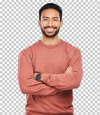 Buy stock photo Portrait of man with arms crossed, smile and isolated on transparent png background in confident casual fashion. Trendy, confidence and cool face of male model with smile, pride and happiness in Asia