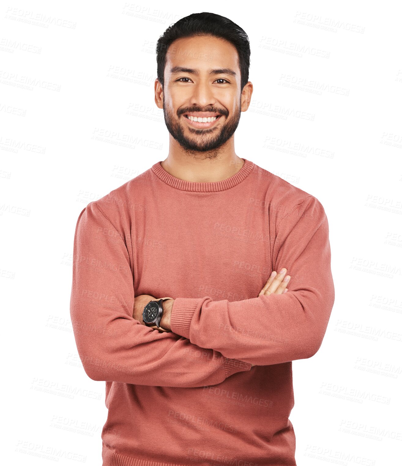 Buy stock photo Portrait of man with arms crossed, smile and isolated on transparent png background in confident casual fashion. Trendy, confidence and cool face of male model with smile, pride and happiness in Asia