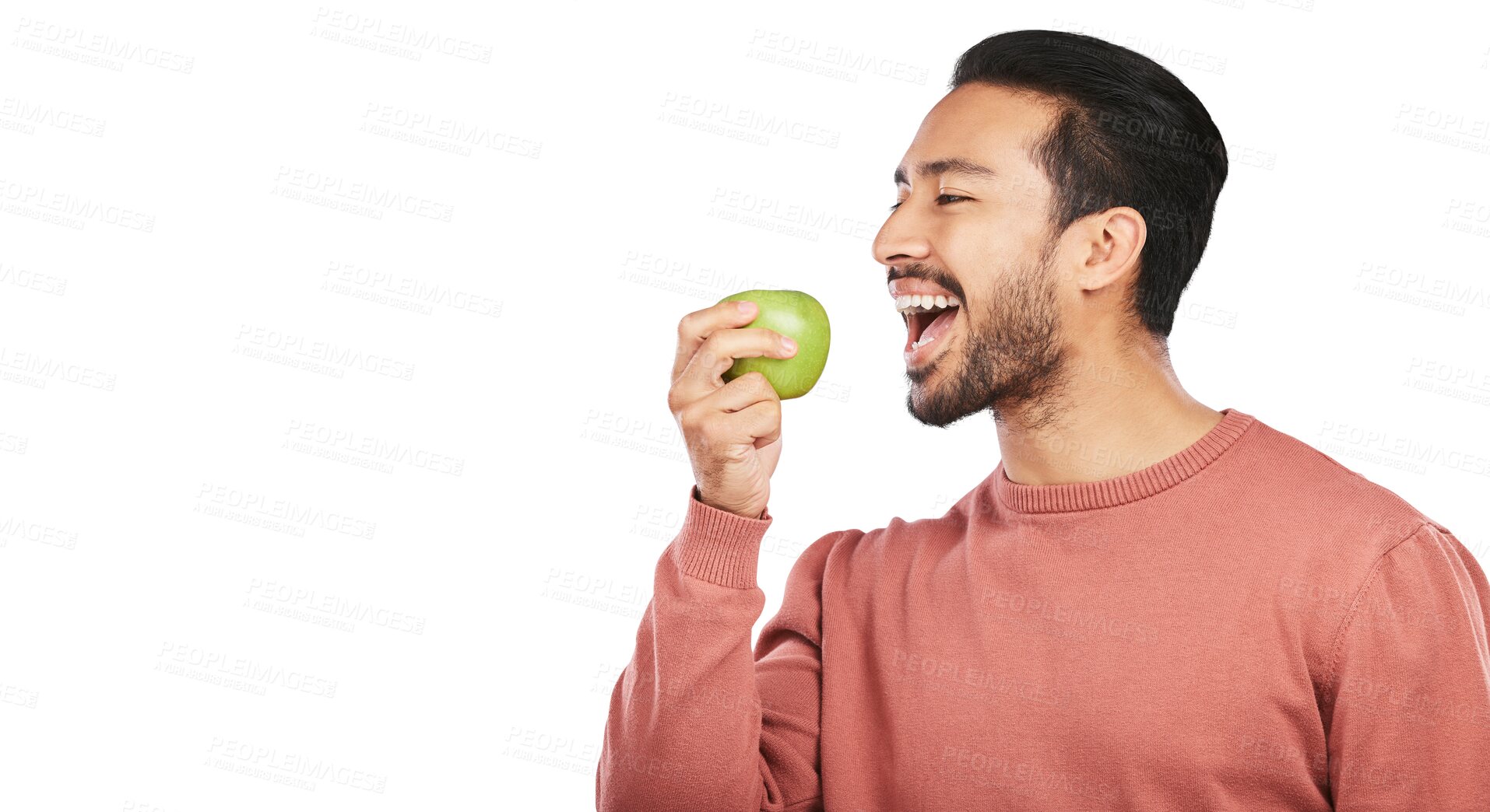 Buy stock photo Health, eating apple and man with fruit on isolated, png and transparent background for wellness. Healthy food, vegan diet and happy male person with organic snack for nutrition, detox and vitamins