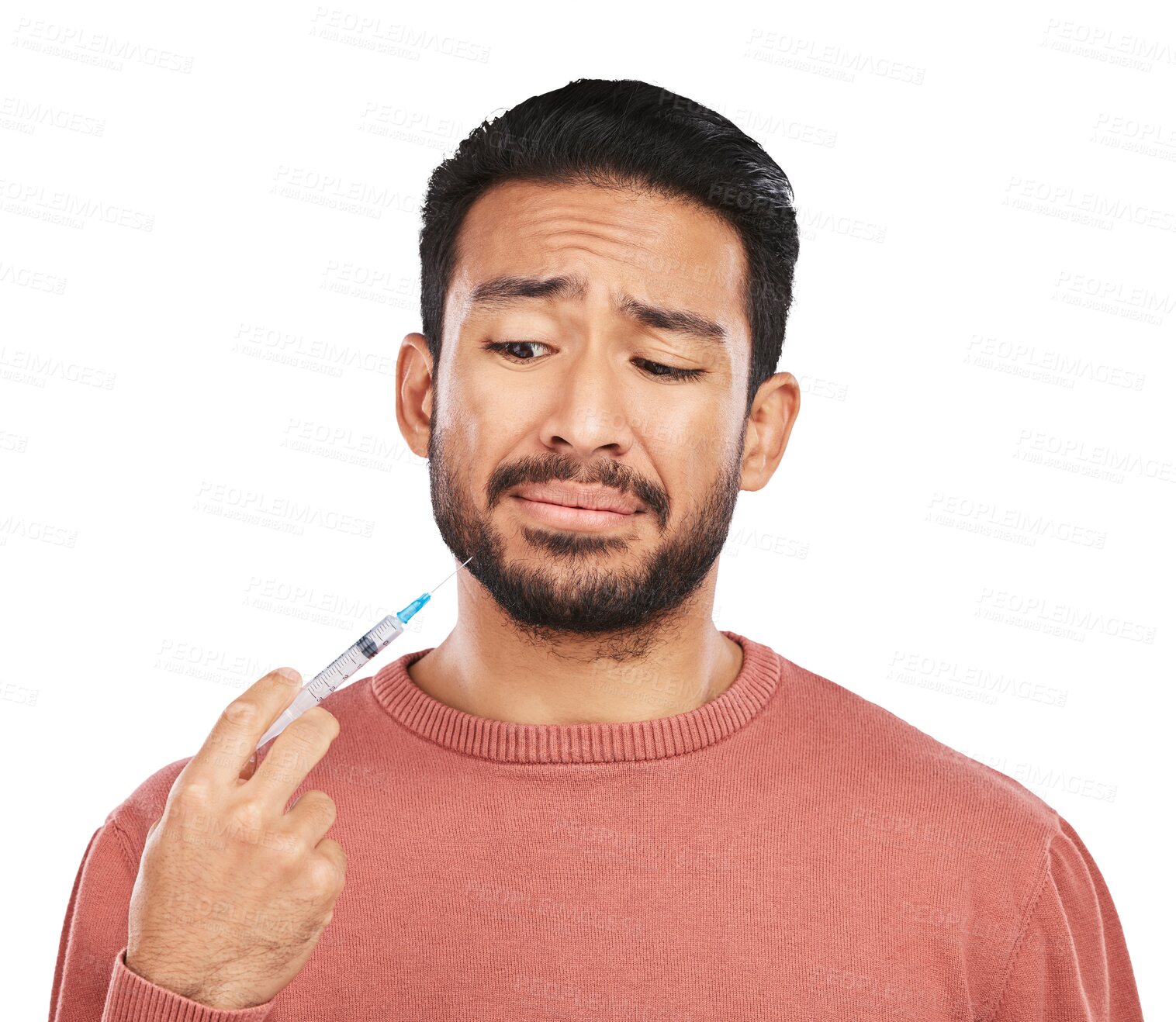 Buy stock photo Scared, vaccine and face of man with syringe on isolated, png and transparent background for wellness. Healthcare, anxiety and worried male person with needle for medical treatment and injection