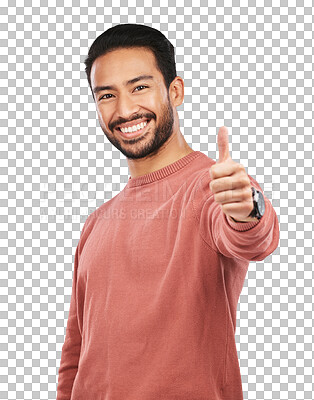 Buy stock photo Happy asian man, portrait and thumbs up for good job standing isolated on a transparent PNG background. Male person with smile, like emoji or yes sign for success, approval or agreement and thank you