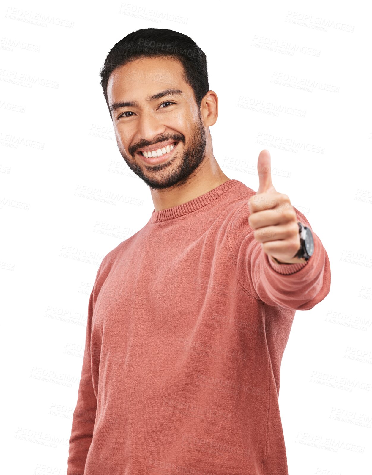 Buy stock photo Happy asian man, portrait and thumbs up for good job standing isolated on a transparent PNG background. Male person with smile, like emoji or yes sign for success, approval or agreement and thank you