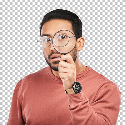 Search, magnifying glass and investigation with face of man on png for crime, focus or attention. Evidence, inspection and discover with person isolated on transparent background for detective spy