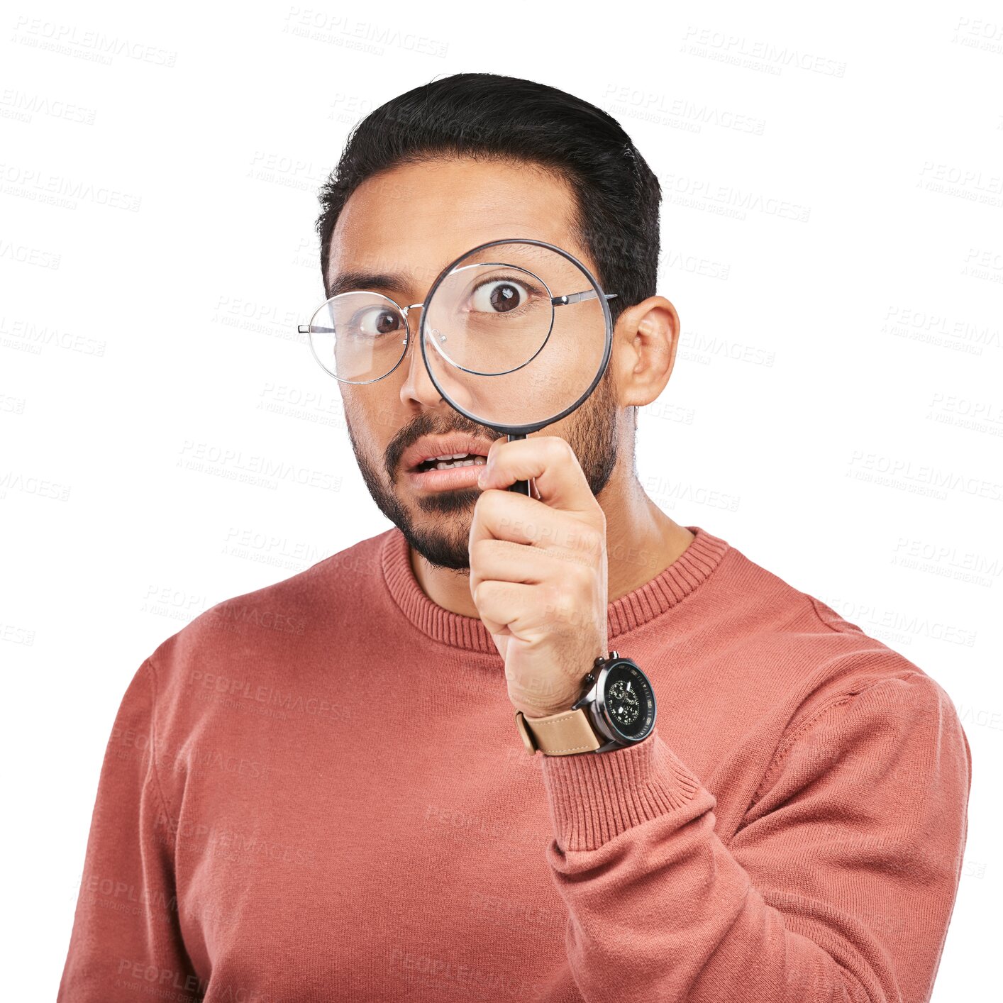 Buy stock photo Search, magnifying glass and investigation with face of man on png for crime, focus or attention. Evidence, inspection and discover with person isolated on transparent background for detective spy